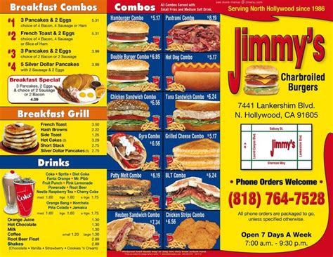 Jimmy burger - Jimmy's Burger's. The unique characteristic of this fast food is serving tasty hamburgers, grilled chicken sandwiches and chili cheese fries. A lot of guests say that waiters serve good pancakes and perfectly cooked French toasts here. Jimmy's Burger's is famous for its great service and friendly staff, that is always ready to help you.